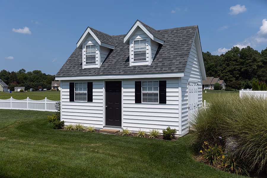 Cape shed with dormers located in Maryland Olde Sale Barn